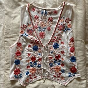 Free People Embroidered Tie-Front Vest Top